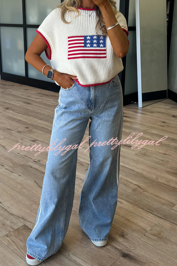 Independence Day Casual Crew Neck Short Sleeve Knit Sweater