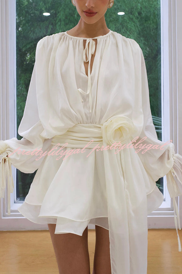 Solid Color Long Sleeve V-Neck Lace-Up Elegant Flower Decorated Mini Dress