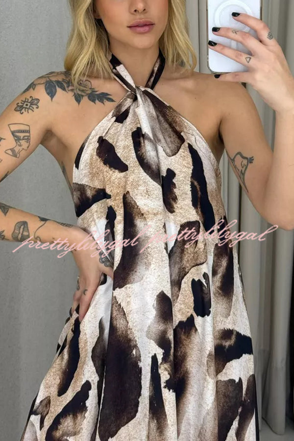 Leopard Print Sexy Halter Neck Backless Loose Maxi Dress