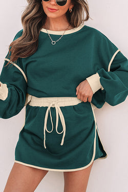 Fashion Round Neck Long Sleeve Spliced Casual Top and Elastic Waist Loose Shorts Set