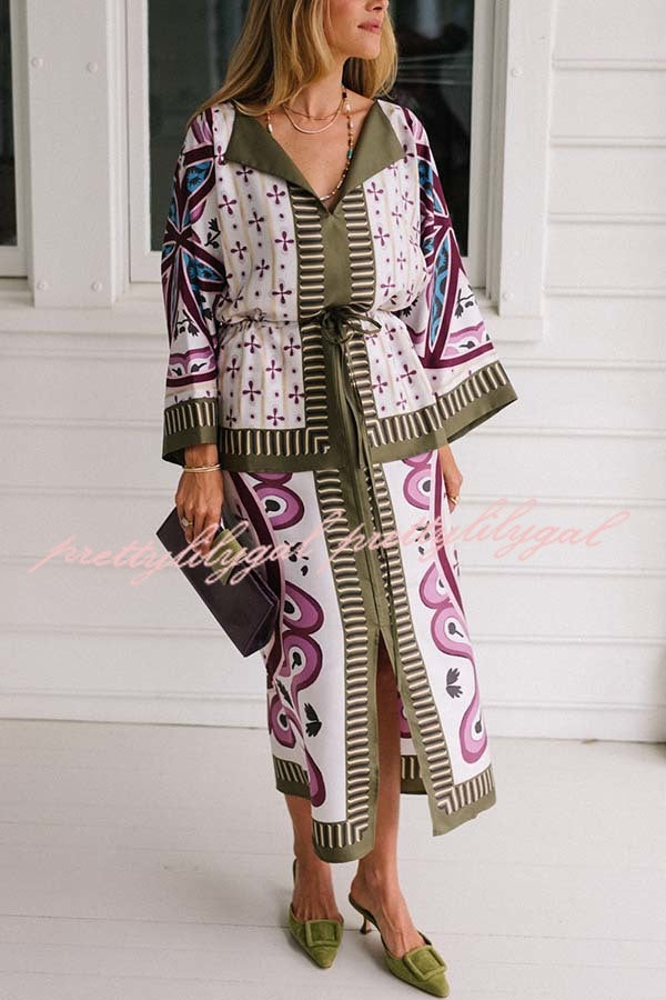 Texture and Elegance Satin Unique Print Bell Sleeve Drawstring Waist Slit Midi Dress