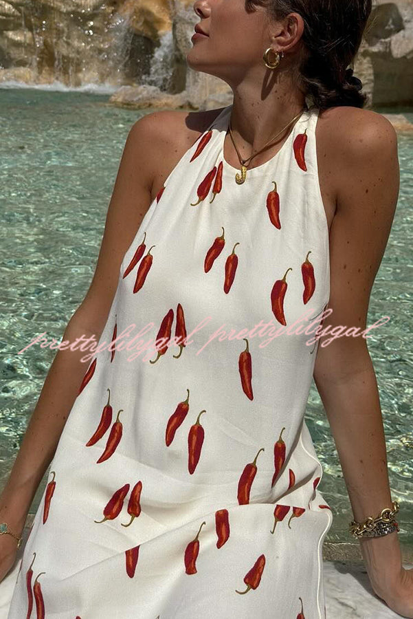 Spicy Summer Chili Pepper Unique Print Soft Fabric Halter Loose Mini Dress