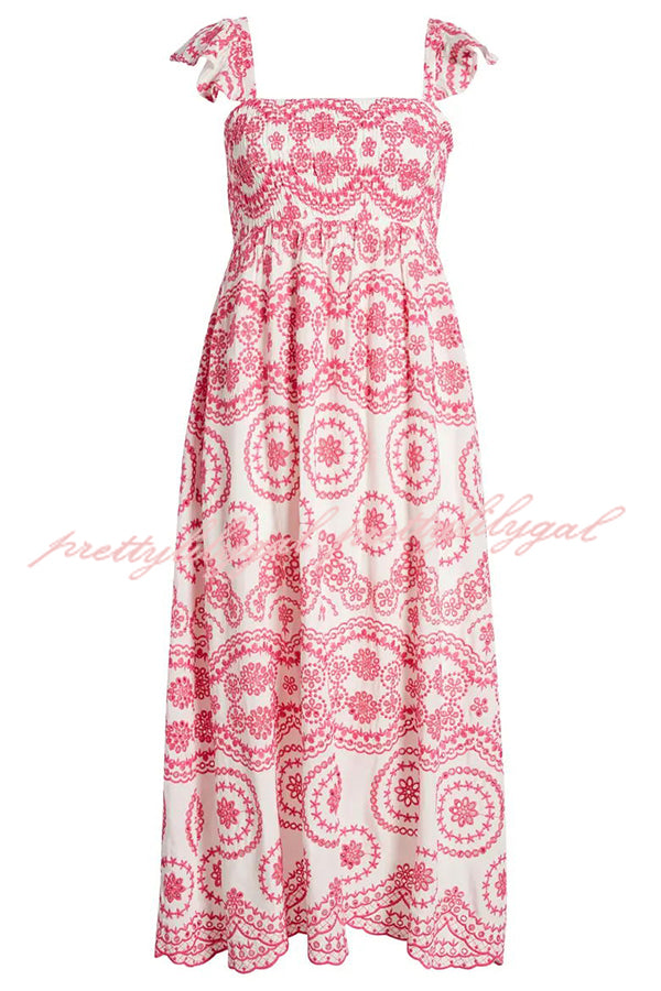 Darling & Dainty Embroidery Style Unique Print Smocked Midi Dress