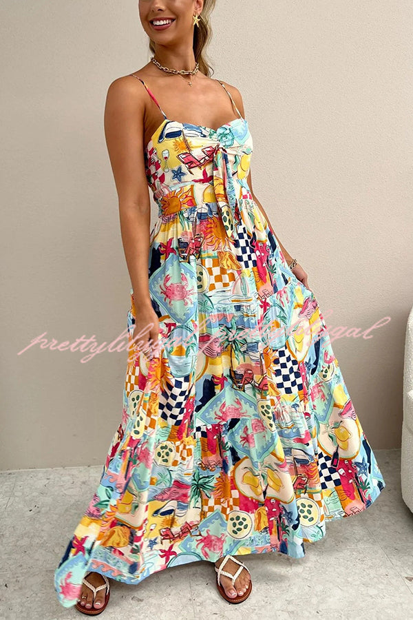 Radiant As Always Unique Print Front Tie-up Slip Maxi Dress