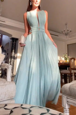 Sexy Sleeveless Open Back Cord Pleated Maxi Dress