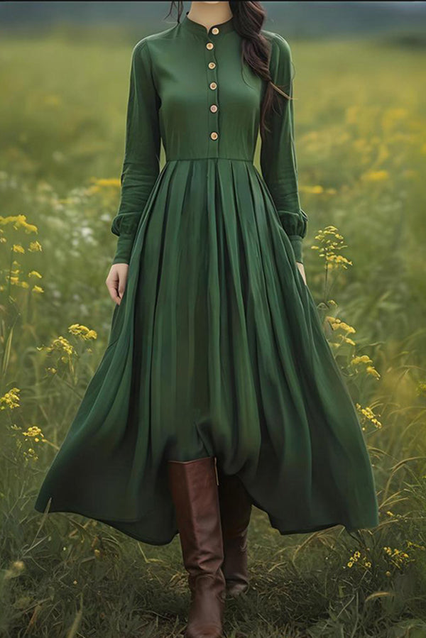 Linen Blend Vintage Long-sleeved Button-down Holiday Midi Dress