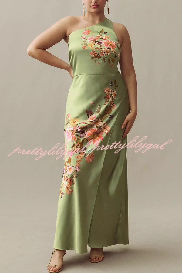 Wedding  Guest Satin Floral Print One Shoulder Side Slit Maxi Dress