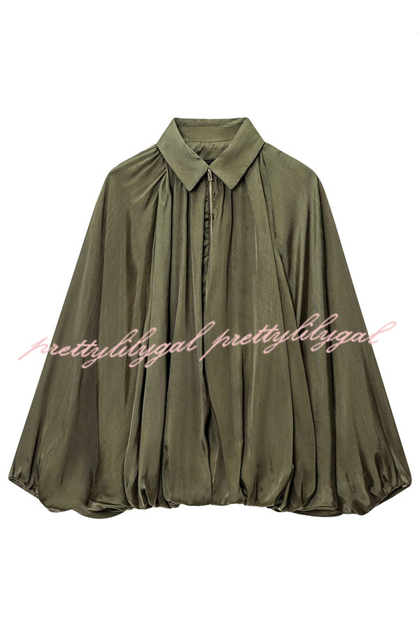 Fashion Lapel Loose Puff Long Sleeve Casual Zipper Jacket