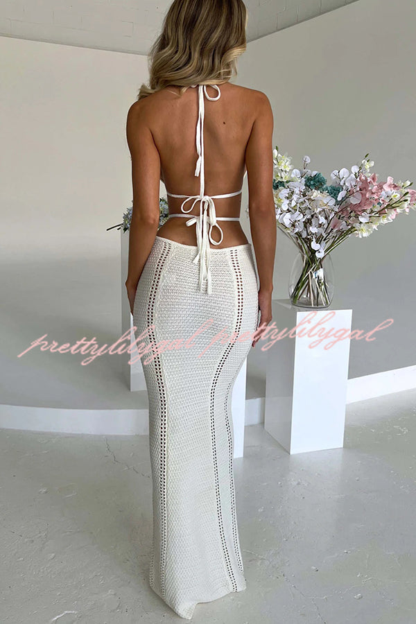 Effortlessly Cool and Sexy Knit Crochet Cutout Halter Tie-up Stretch Maxi Dress