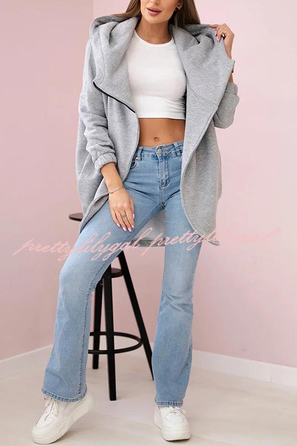 Solid Color Loose Hooded Zip-up Casual Sports Jacket