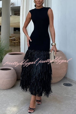 Christie Ribbed Patchwork Tiered Fringed Hem Zipper Backless Maxi Dress