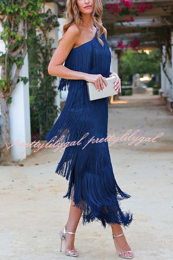 Stylish Fringed One Shoulder Asymmetric Midi Dress