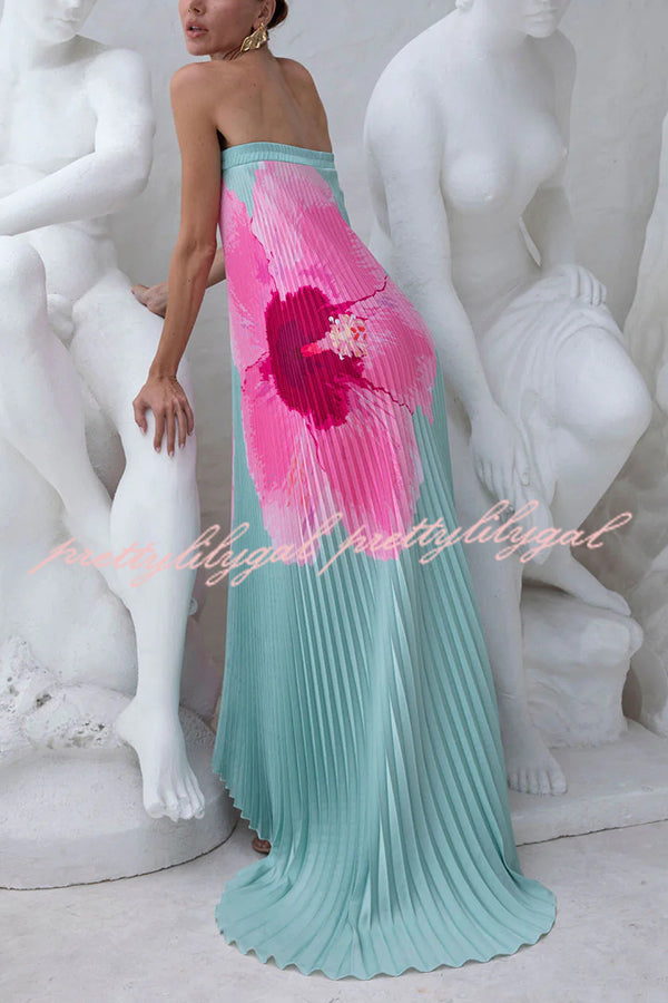 All about Her Pleated Floral Print Off Shoulder A-line Maxi Dress