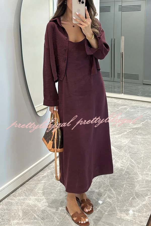 Modern Comfort Long Sleeve Shirt and Slip Loose Midi Dress Two Piece Set