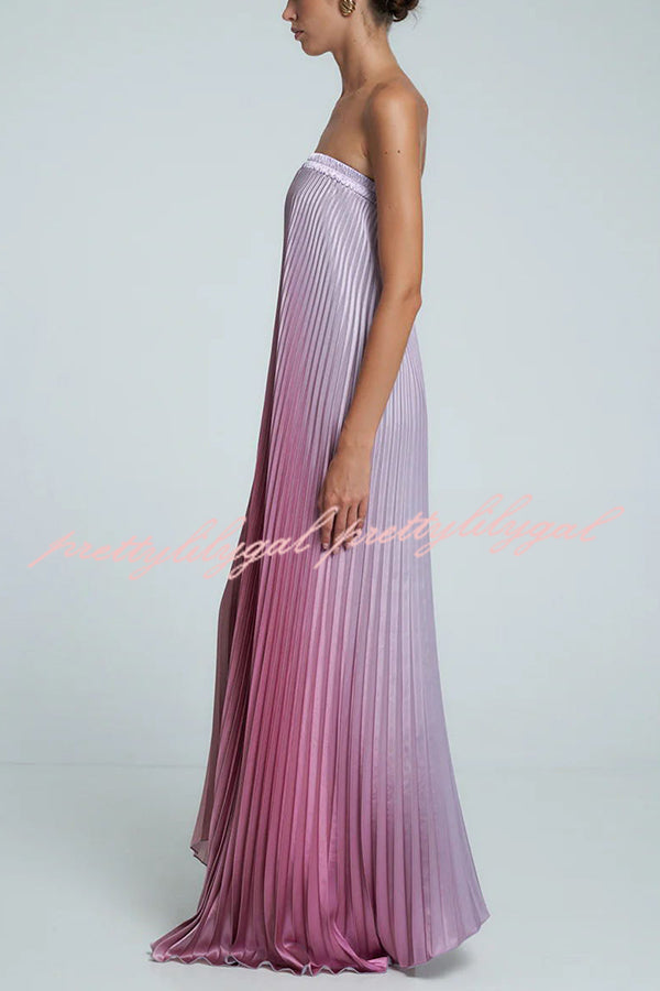 Gorgeous Styling Satin Pleated Elastic Bust Strapless A-line Gown Maxi Dress