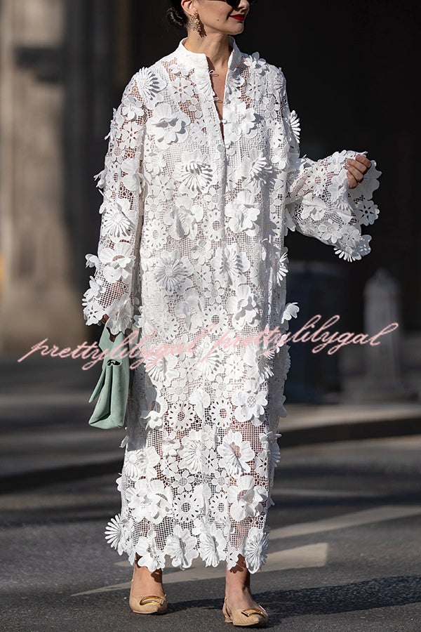 Solid Color Hollow Embroidery Loose Long Sleeve Midi Dress