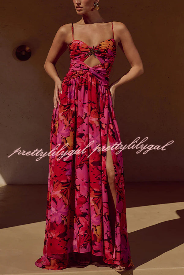 Resort Style Printed Starfish Brooch Cutout Ruched Slit Maxi Dress