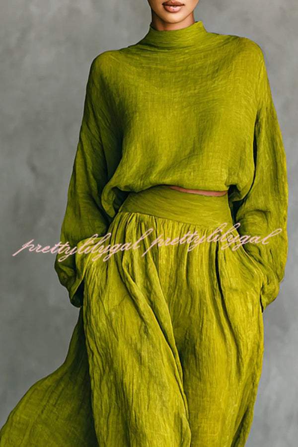 Linen Blend Solid Color Loose Long-sleeved Top and High-waisted Casual Pocket Maxi Skirt Set