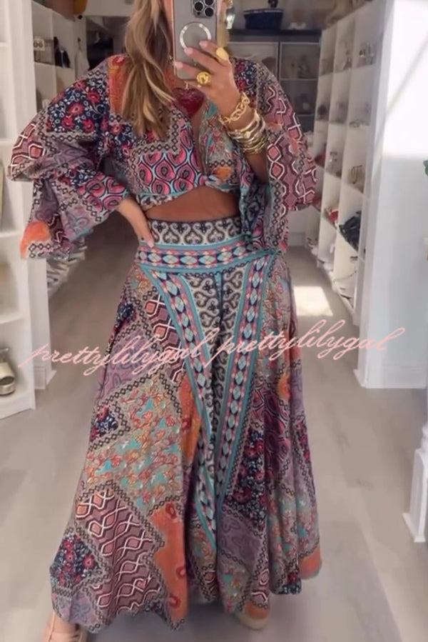 Unique Boho Ethnic Print Balloon Sleeve Crop Top and Elastic Waist Wide-leg Pants Set