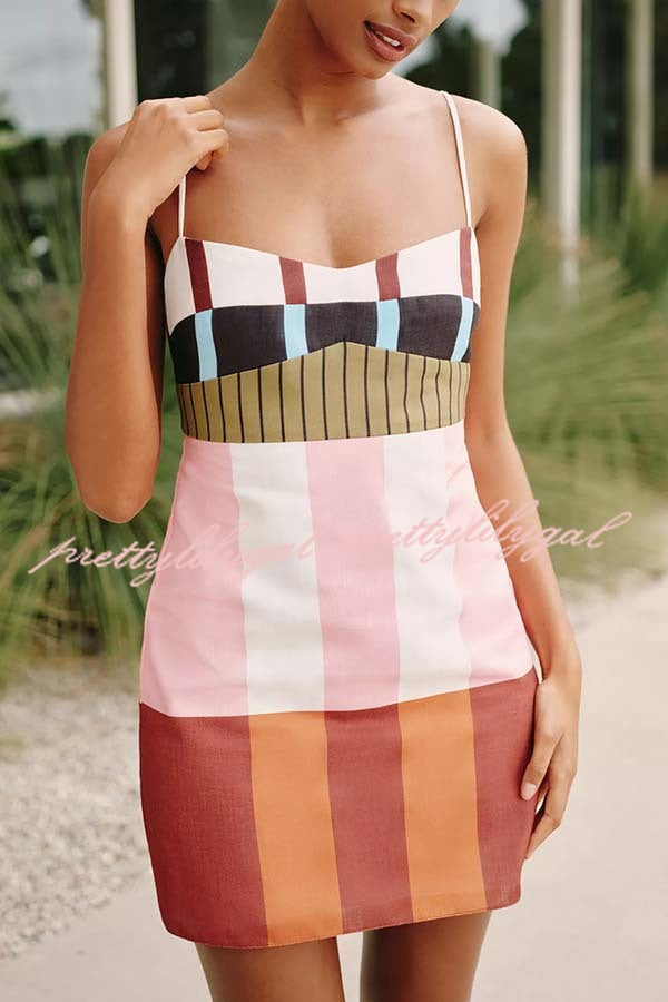 Susane Linen Blend Color Block Print Adjustable Shoulder Strap Mini Dress