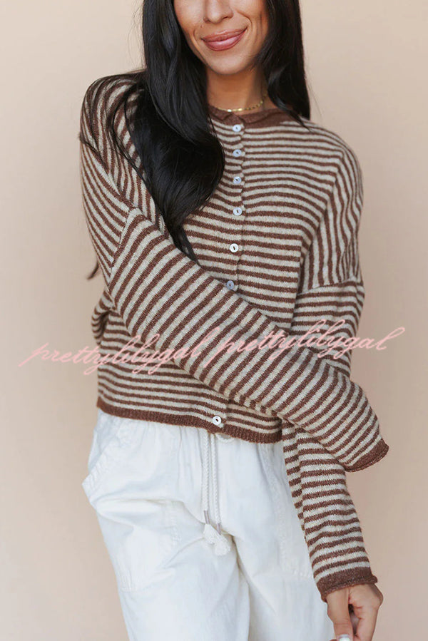 Fashionable Contrast Striped Casual Long-sleeved Knitted Cardigan