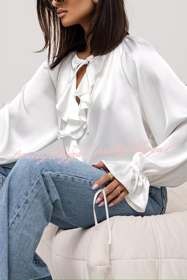 Satin Solid Color V-neck Tie Ruffle Casual Shirt