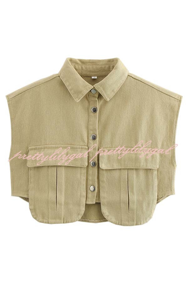 Stylish Weekend Denim Button Up Cape Sleeve Pocket Crop Top