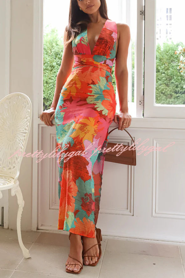 Unique Printed V-neck High Waisted Slit Maxi Dress