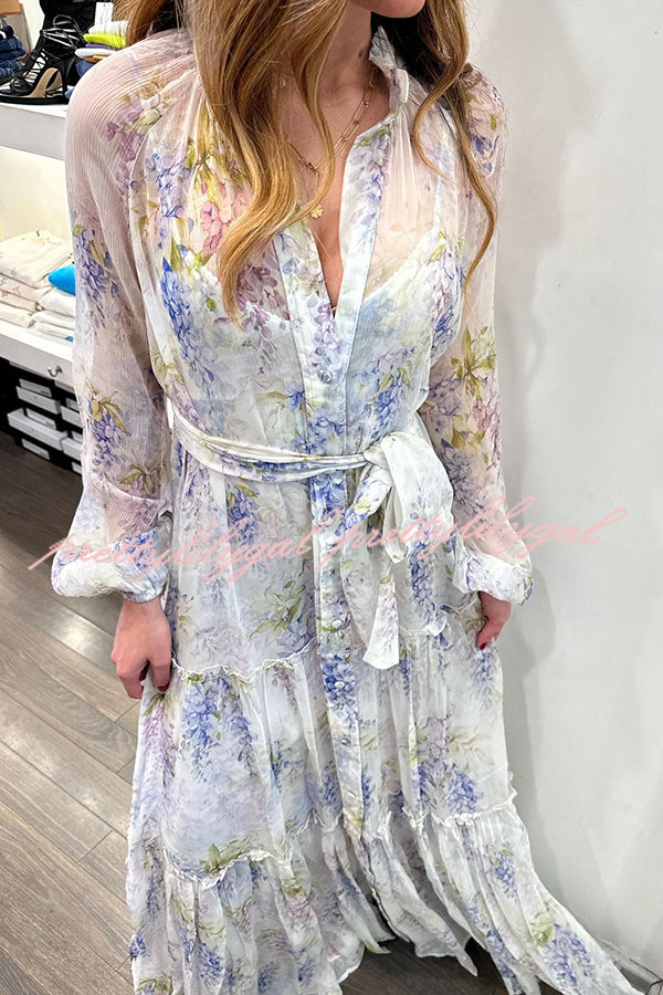 Romantic Provence Lavender Print Button Belt Tiered Shirt Maxi Dress