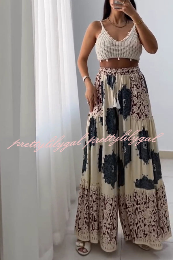 Unique Print Elastic High Waist Tie Pocket Holiday Style Wide Leg Pants