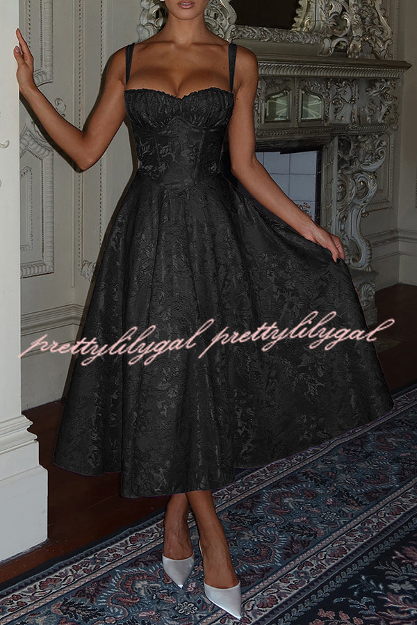 Palace Style Jacquard Fabric Backless Tie Slim Midi Dress