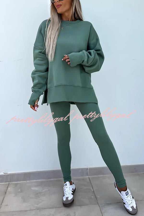 Solid Color Loose Long Sleeve SlitSweatshirt and Elastic Waist Tight Pants Set