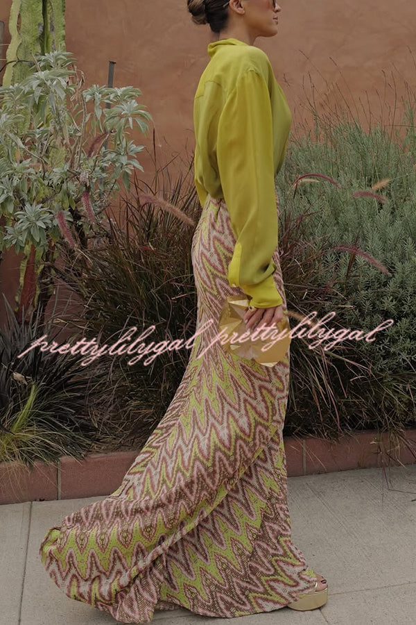Moonlit Waltz Knit Jacquard Zigzag Print High Rise Stretch Flare Maxi Skirt