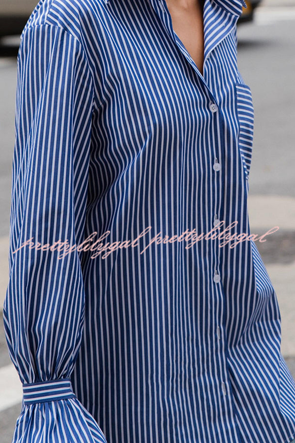 Striped Print Ruffled Long Sleeve Pockets Loose Shirt