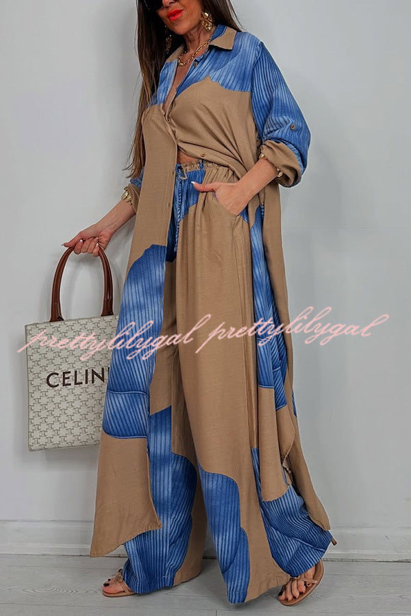 Unique Printed Casual Loose Long Shirt and Elastic Waist Pocket Wide Leg Pants Set