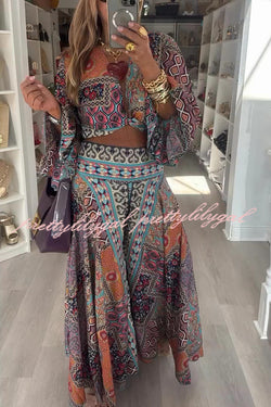 Unique Boho Ethnic Print Balloon Sleeve Crop Top and Elastic Waist Wide-leg Pants Set