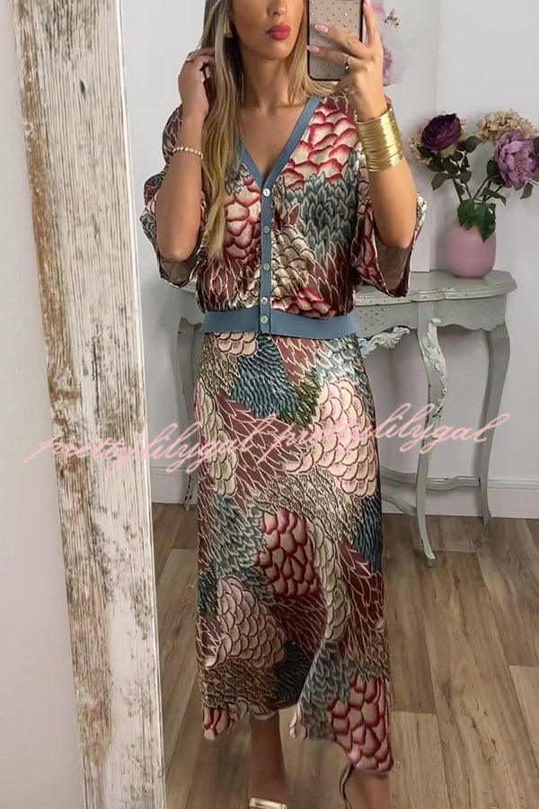 Harlen Satin Unique Printed Loose Shirt Top and Elastic Waist Maxi Skirt Set