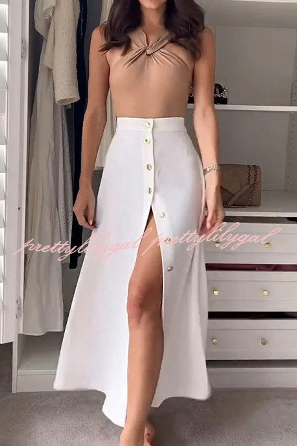 Stylish Sleeveless Stretch Fit Top and Relaxed Buttoned Slit Maxi Skirt Set