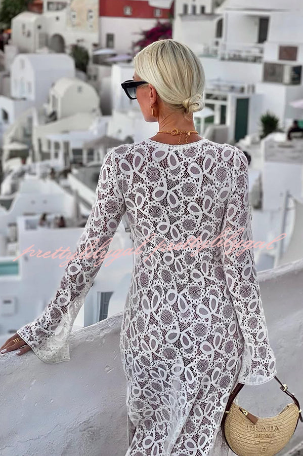 Santorini Sunset Floral Lace Long Sleeve Slit Vacation Maxi Dress