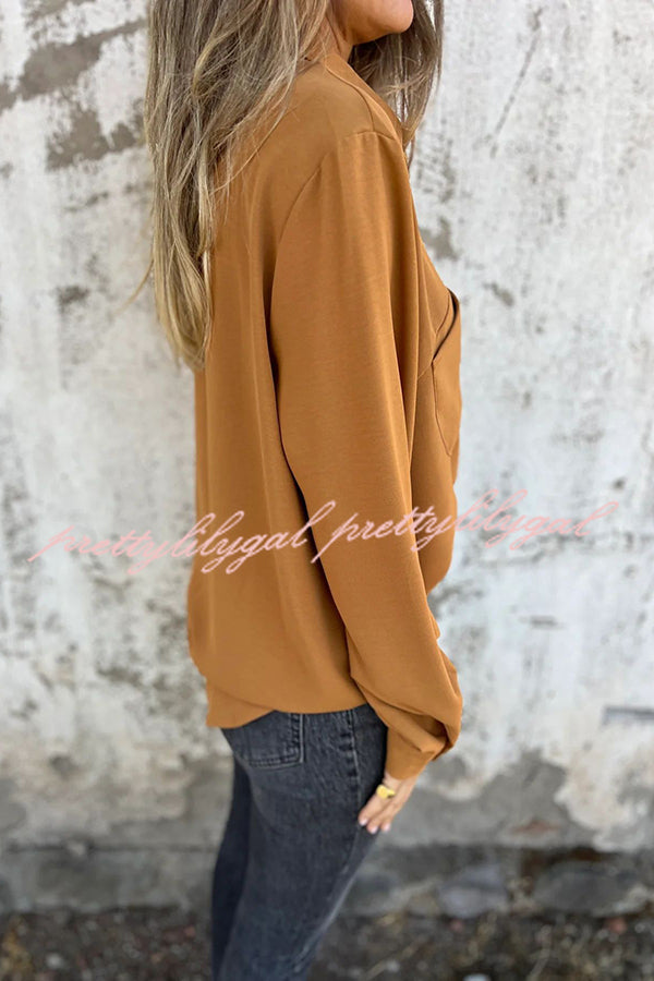 Solid Color Lapel Button Pocket Casual Long Sleeve Shirt