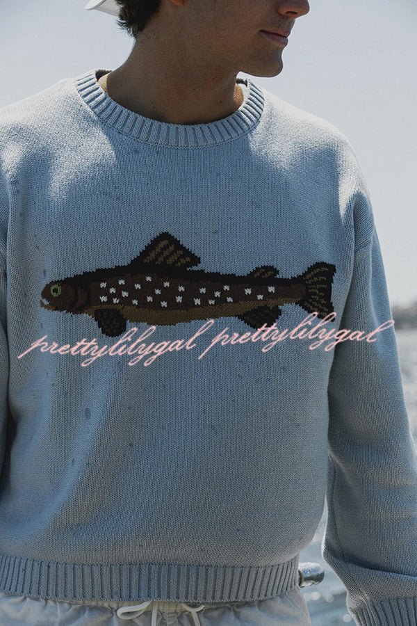 Fashionable Fish Pattern Round Neck Loose Knitted Sweater
