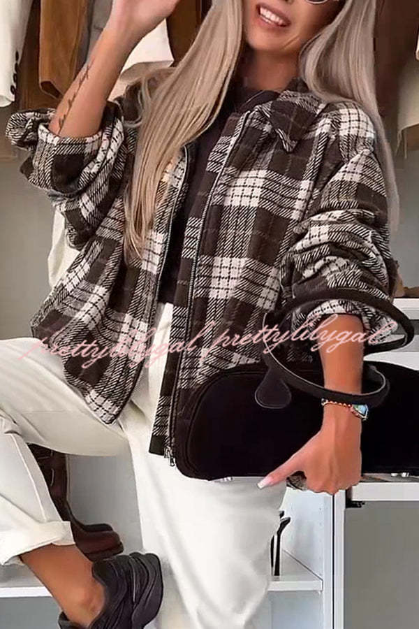Fashion Plaid Print Lapel Long Sleeve Loose Zipper Jacket