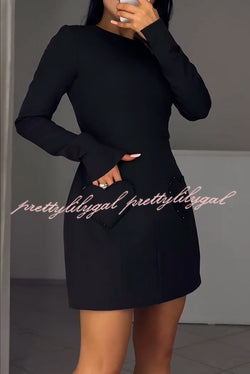 Anna Sparkling Gemstone Trim Heart Pocket Long Sleeve Mini Dress