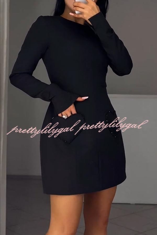 Anna Sparkling Gemstone Trim Heart Pocket Long Sleeve Mini Dress