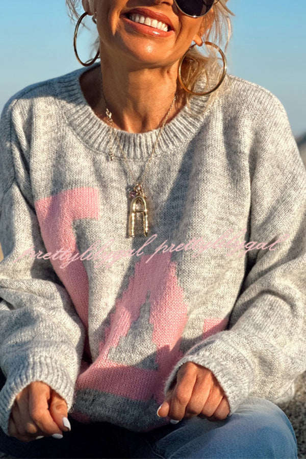Letter Pattern Crew Neck Long Sleeve Loose Knit Sweater