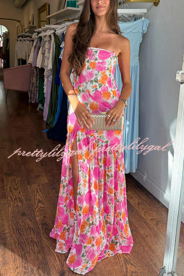 Floral Print Elegant Strapless Fitted Slit Maxi Dress