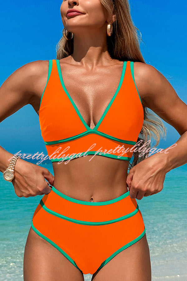 Solid Color Contrast High Waist Stretch Bikini Swimsuit