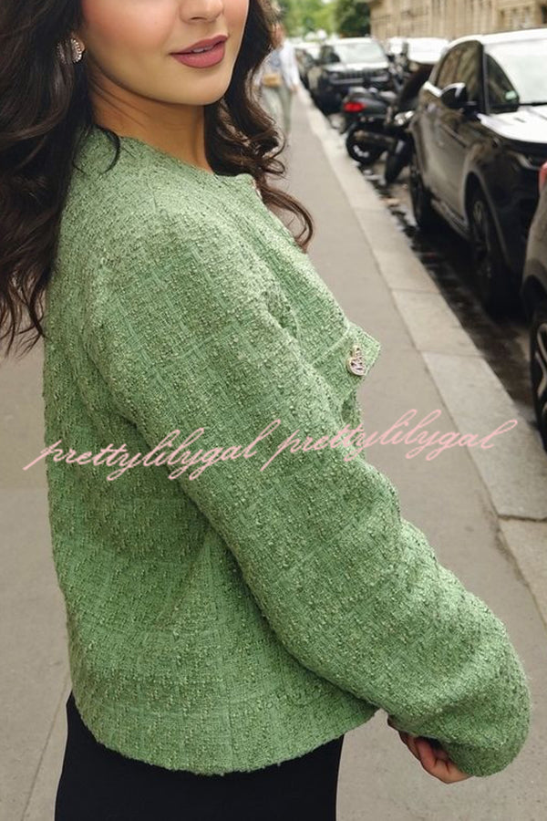 Stylish Tweed Love Button Long Sleeve Casual Pocket Jacket