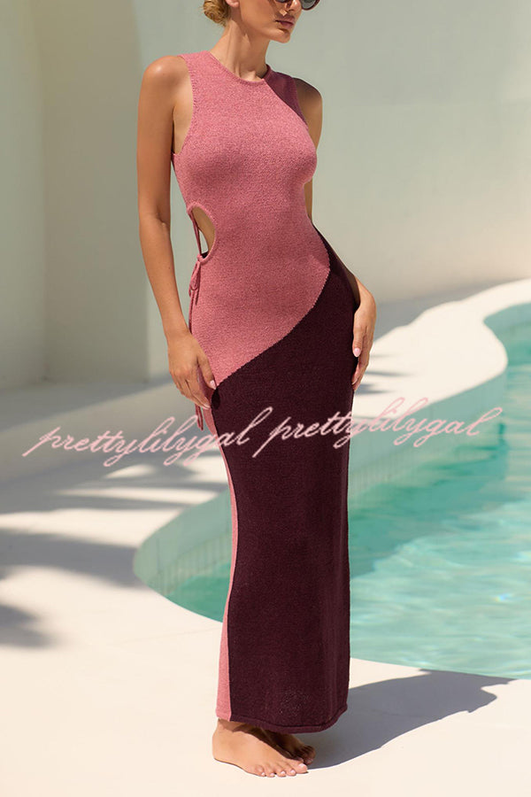 Sunday At The Beach Knit Color Block Sexy Hollow Lace-up Cover-up Maxi Dress