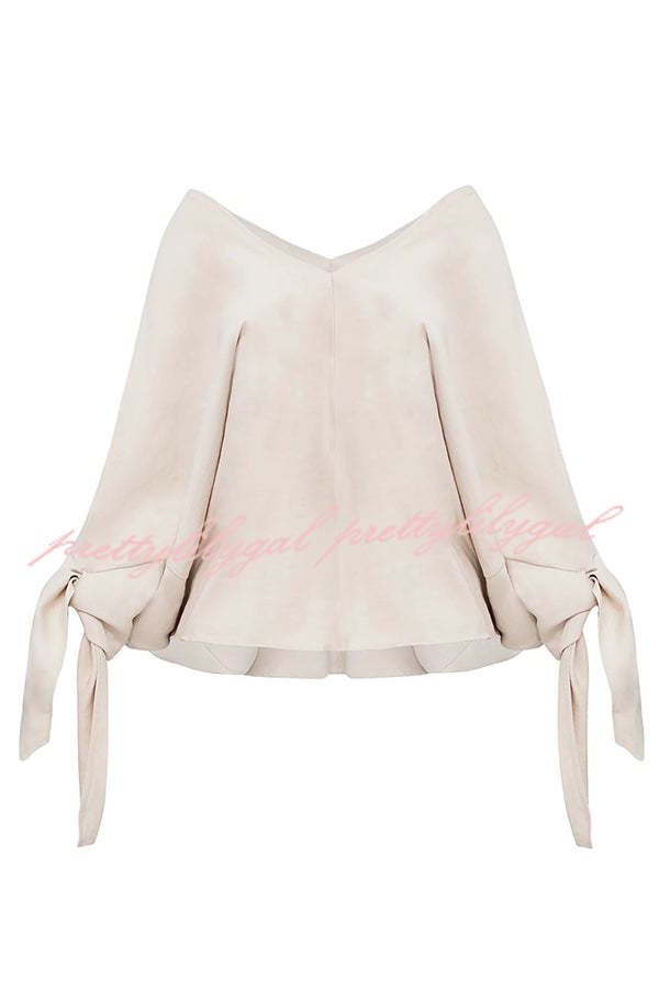Joyful Bond Linen Blend V-neck Knotted Cuff Half Sleeve Loose Top